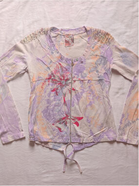 RARE Sweater House Zip-Up Sweater Size 4 Purple White Floral Cool Detailing 😍
